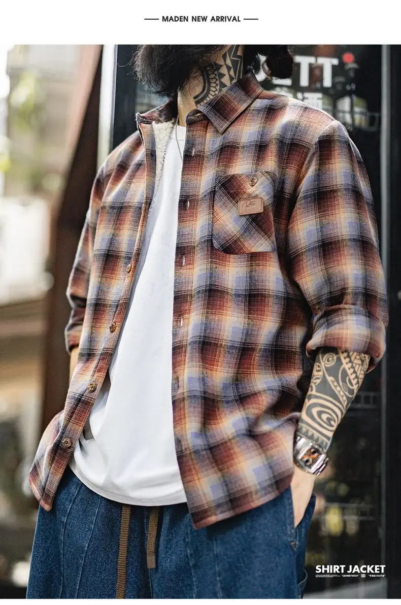 Maden Men's Vintage Ombre Plaid Shirt Sherpa Fleece Warm Blouse Cotton Long Sleeve Thickened Tops for Layering for Autumn Winter
