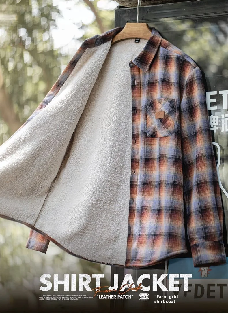 Maden Men's Vintage Ombre Plaid Shirt Sherpa Fleece Warm Blouse Cotton Long Sleeve Thickened Tops for Layering for Autumn Winter