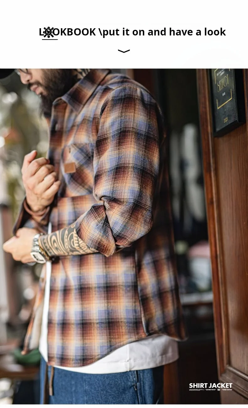 Maden Men's Vintage Ombre Plaid Shirt Sherpa Fleece Warm Blouse Cotton Long Sleeve Thickened Tops for Layering for Autumn Winter