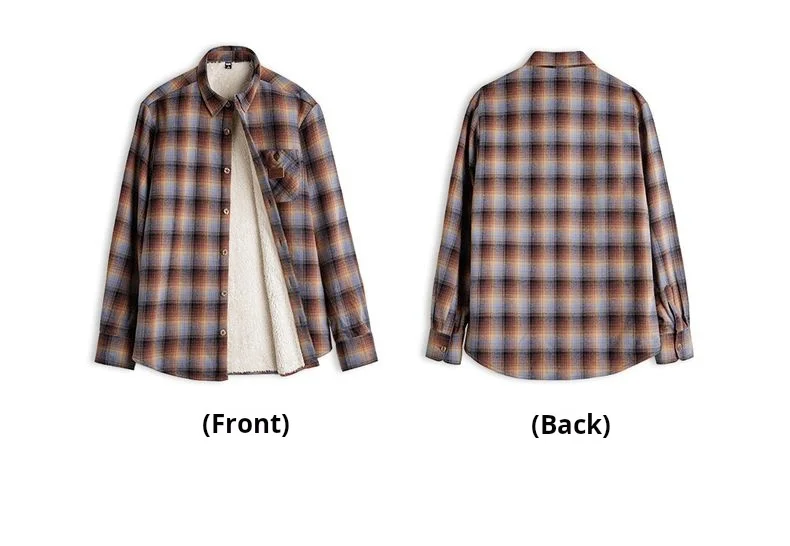 Maden Men's Vintage Ombre Plaid Shirt Sherpa Fleece Warm Blouse Cotton Long Sleeve Thickened Tops for Layering for Autumn Winter