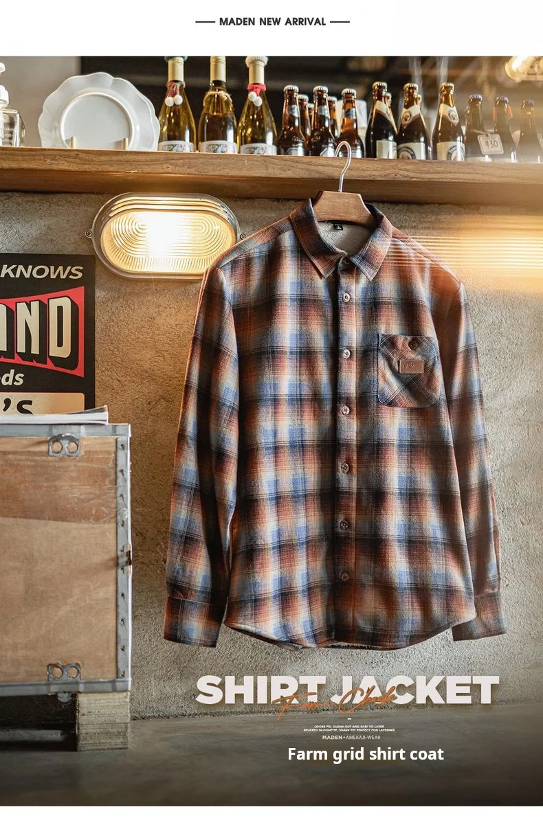 Maden Men's Vintage Ombre Plaid Shirt Sherpa Fleece Warm Blouse Cotton Long Sleeve Thickened Tops for Layering for Autumn Winter