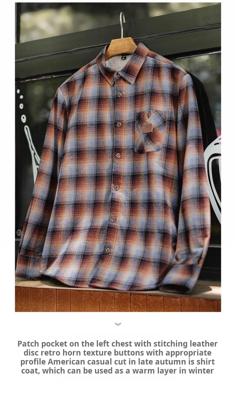 Maden Men's Vintage Ombre Plaid Shirt Sherpa Fleece Warm Blouse Cotton Long Sleeve Thickened Tops for Layering for Autumn Winter