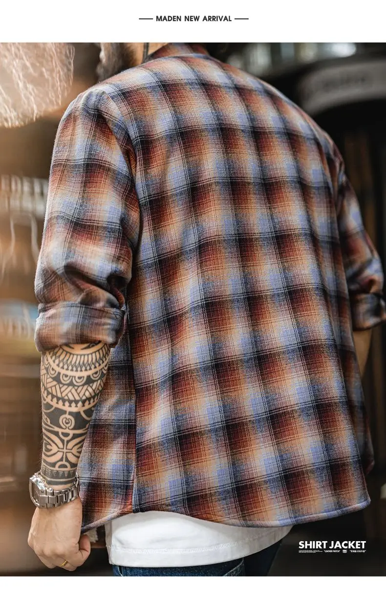 Maden Men's Vintage Ombre Plaid Shirt Sherpa Fleece Warm Blouse Cotton Long Sleeve Thickened Tops for Layering for Autumn Winter