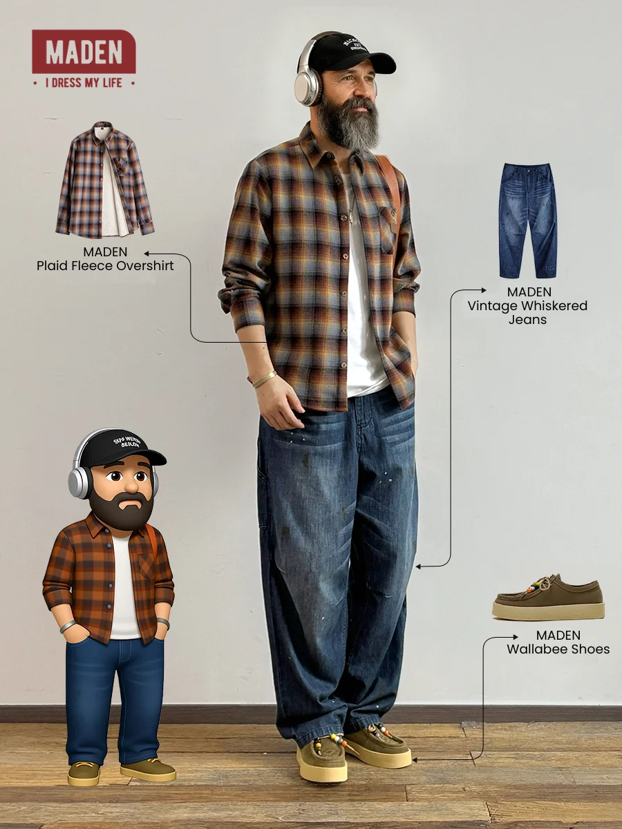 Maden Men's Vintage Ombre Plaid Shirt Sherpa Fleece Warm Blouse Cotton Long Sleeve Thickened Tops for Layering for Autumn Winter
