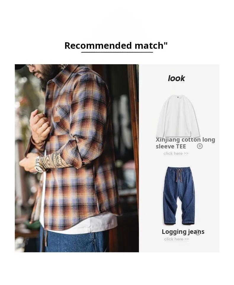 Maden Men's Vintage Ombre Plaid Shirt Sherpa Fleece Warm Blouse Cotton Long Sleeve Thickened Tops for Layering for Autumn Winter