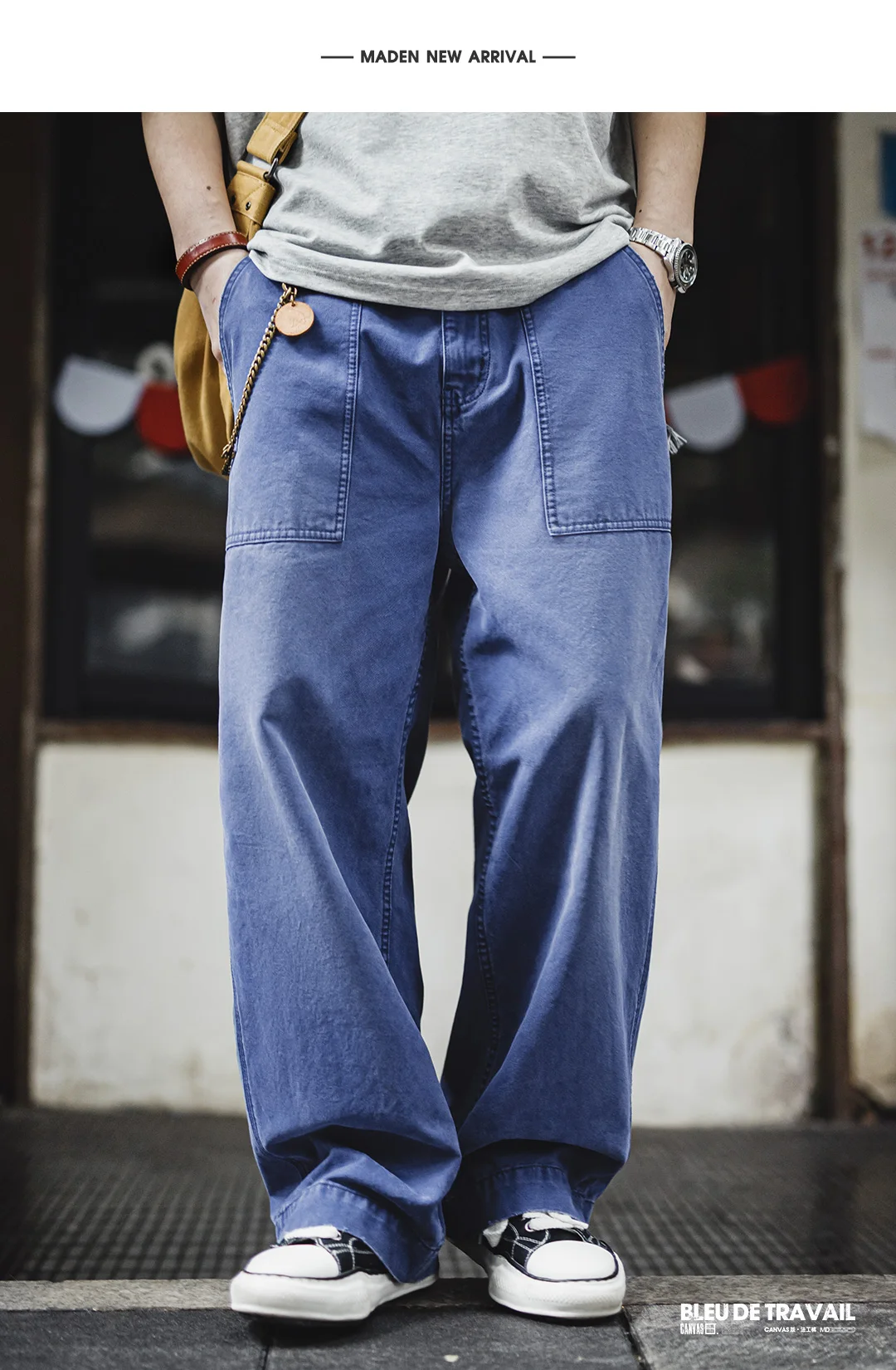 Maden Men‘s Vintage Washed Denim Jeans Blue Cotton Canvas Workwear Zipper Pants Loose Fit Casual Trousers for Spring and Autum