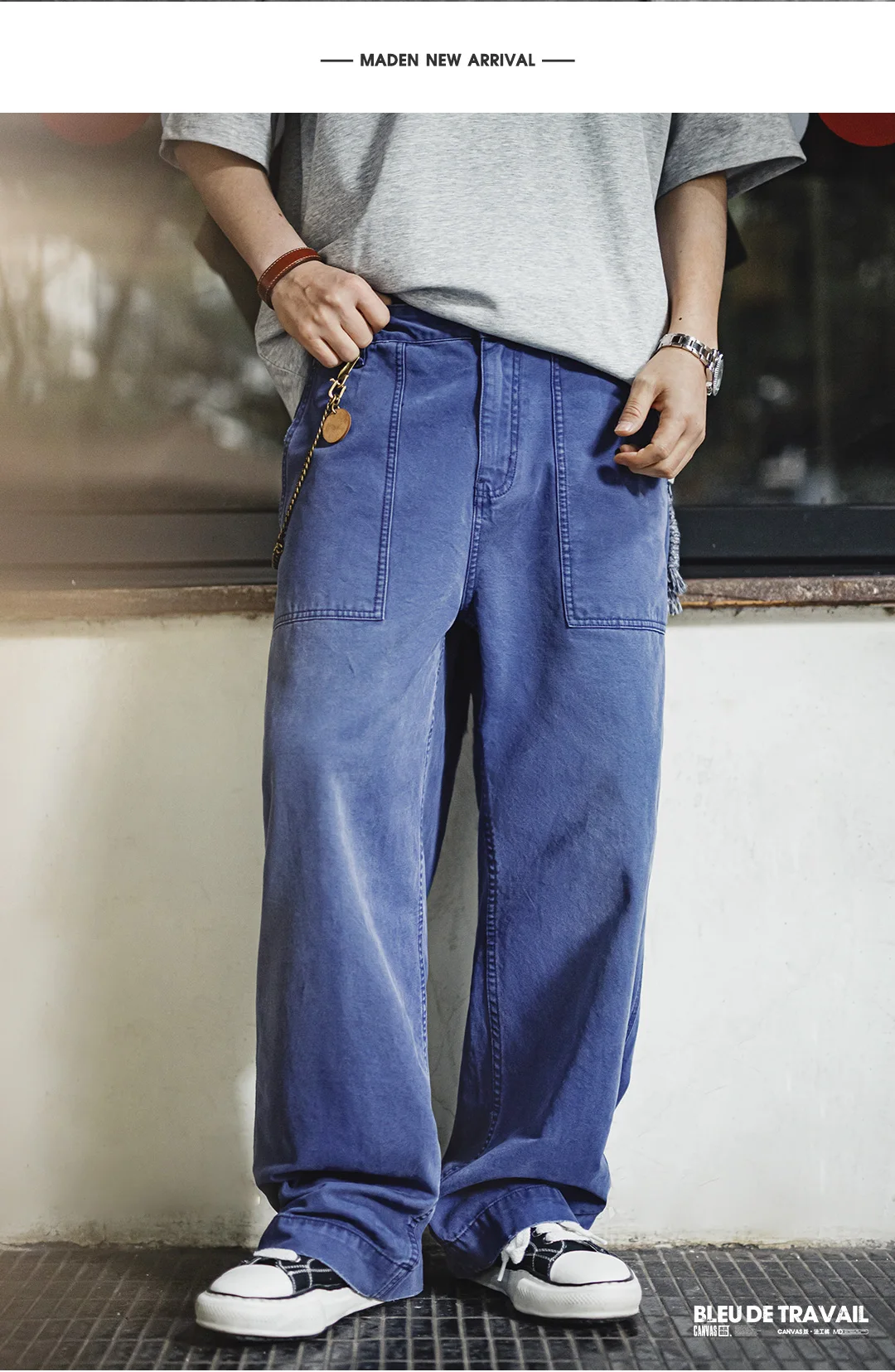 Maden Men‘s Vintage Washed Denim Jeans Blue Cotton Canvas Workwear Zipper Pants Loose Fit Casual Trousers for Spring and Autum