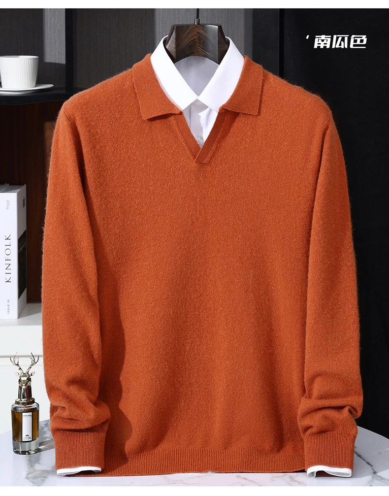 Autumn/Winter Men's 100% Pure Cashmere Pullover Business Casual Solid Knitted Sweater Loose Collar Tops Thick Warm Base Jumper