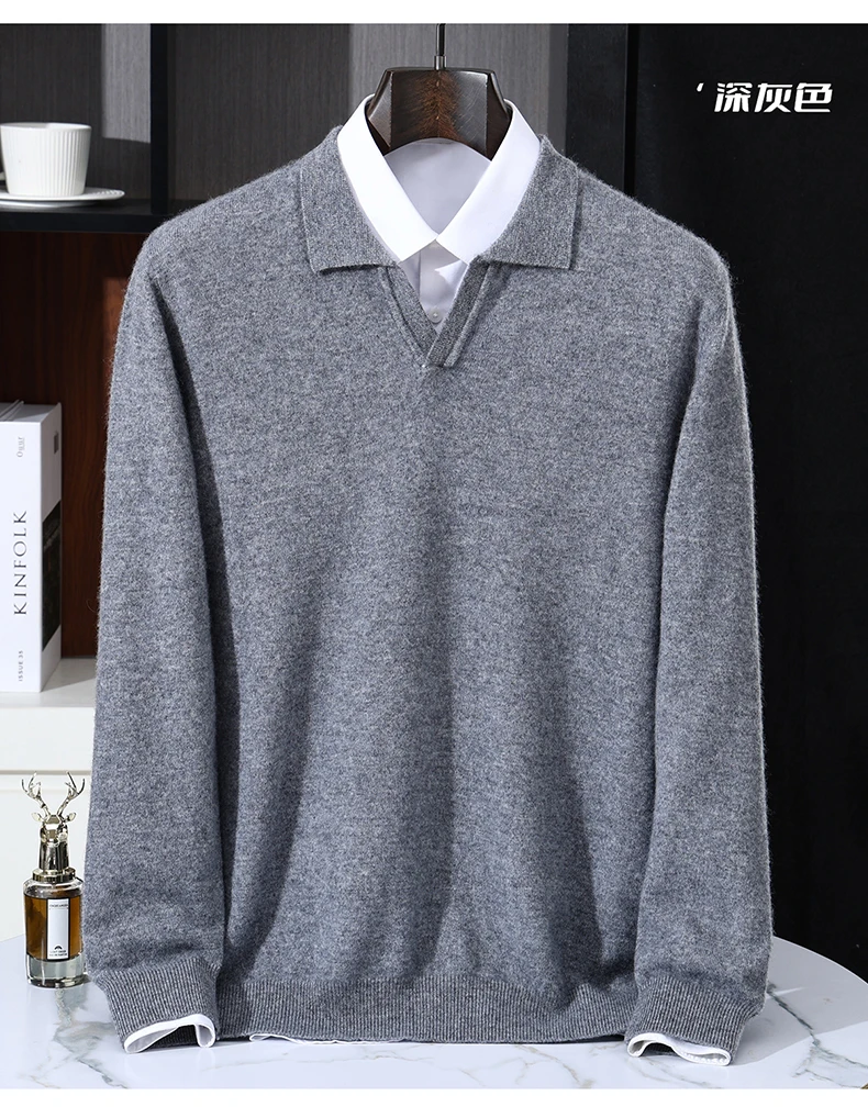 Autumn/Winter Men's 100% Pure Cashmere Pullover Business Casual Solid Knitted Sweater Loose Collar Tops Thick Warm Base Jumper