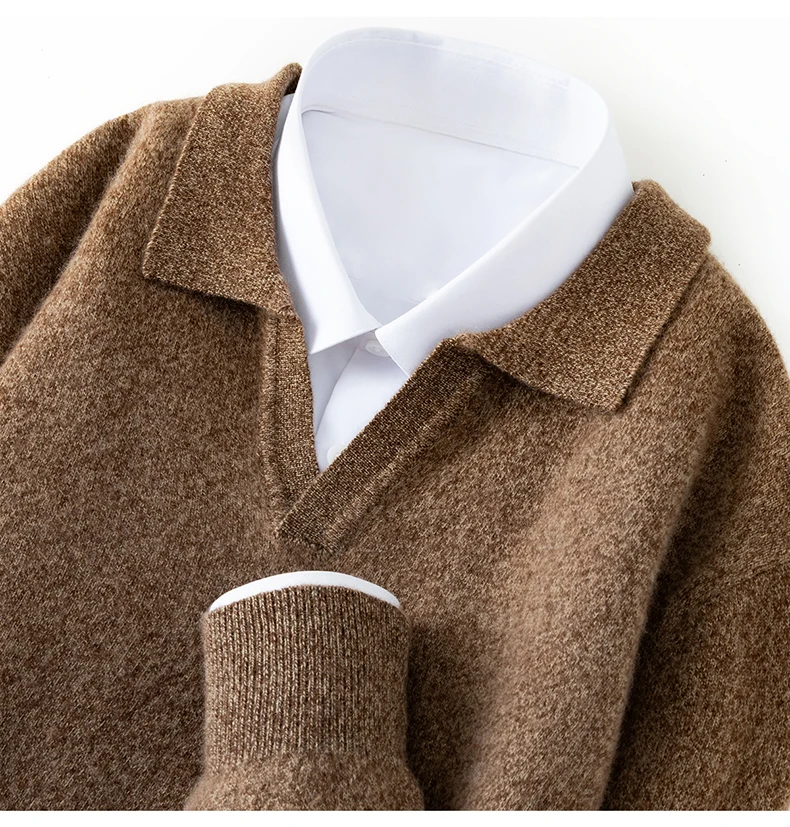 Autumn/Winter Men's 100% Pure Cashmere Pullover Business Casual Solid Knitted Sweater Loose Collar Tops Thick Warm Base Jumper