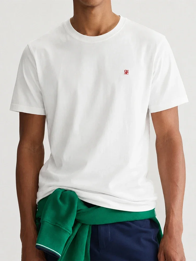 CH Mens Simple Round Neck Hidden Crest Embroidery Regular Fit Short Sleeve Tee Everyday Matching Wear