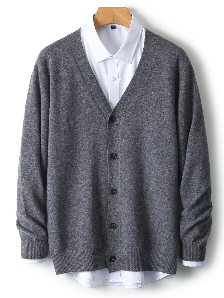 Men's Autumn Winter 100% Merino Wool Knitted Sweater V-Neck Casual Loose Cardigan Warm Comfortable Solid Basic Clothing Tops