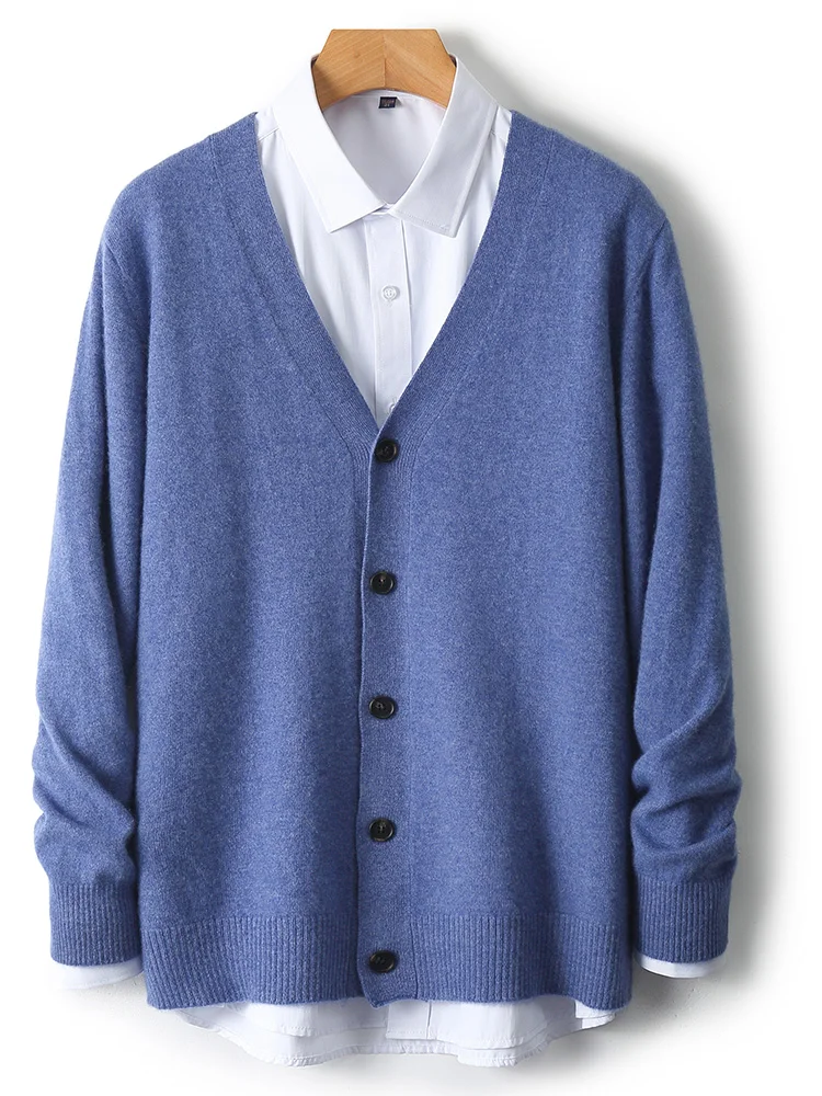 Men's Autumn Winter 100% Merino Wool Knitted Sweater V-Neck Casual Loose Cardigan Warm Comfortable Solid Basic Clothing Tops