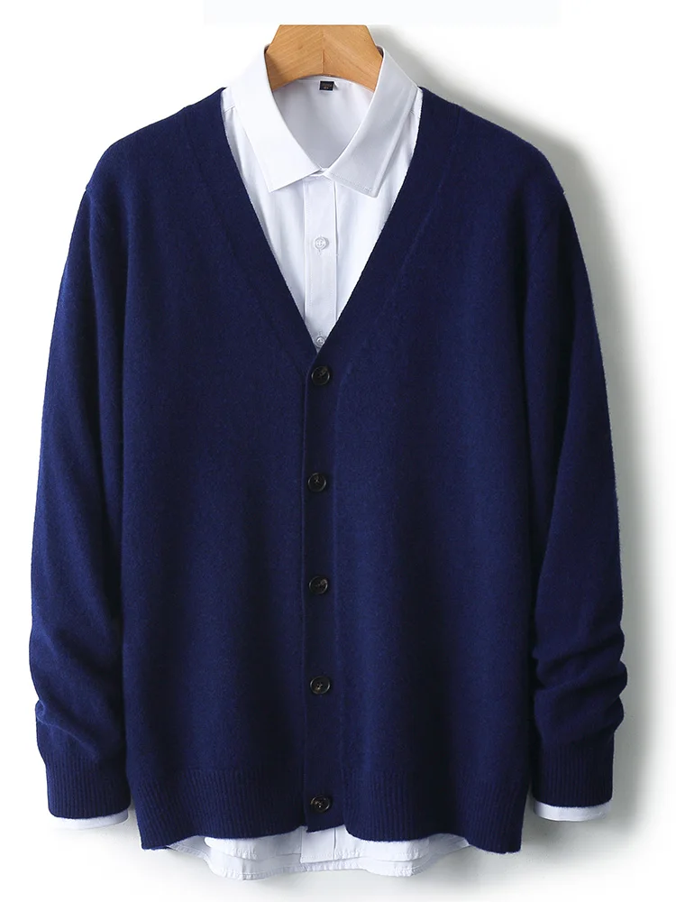 Men's Autumn Winter 100% Merino Wool Knitted Sweater V-Neck Casual Loose Cardigan Warm Comfortable Solid Basic Clothing Tops