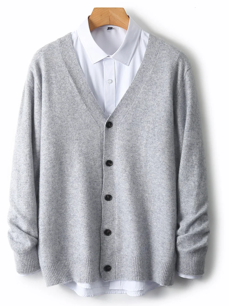 Men's Autumn Winter 100% Merino Wool Knitted Sweater V-Neck Casual Loose Cardigan Warm Comfortable Solid Basic Clothing Tops