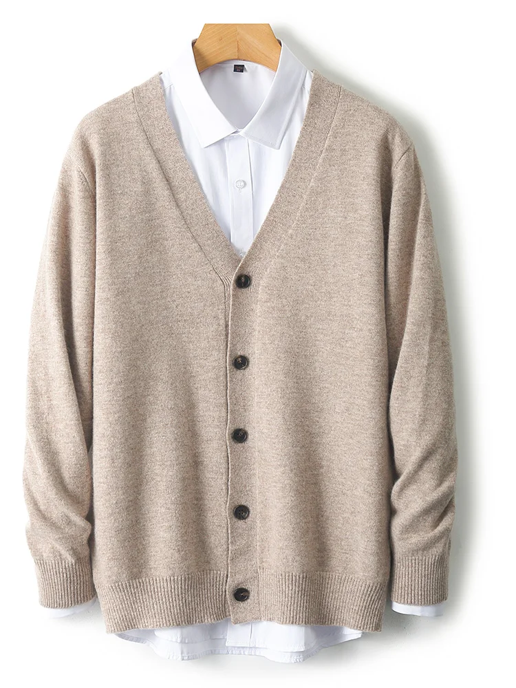 Men's Autumn Winter 100% Merino Wool Knitted Sweater V-Neck Casual Loose Cardigan Warm Comfortable Solid Basic Clothing Tops