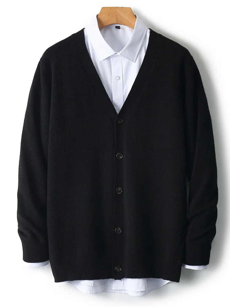 Men's Autumn Winter 100% Merino Wool Knitted Sweater V-Neck Casual Loose Cardigan Warm Comfortable Solid Basic Clothing Tops