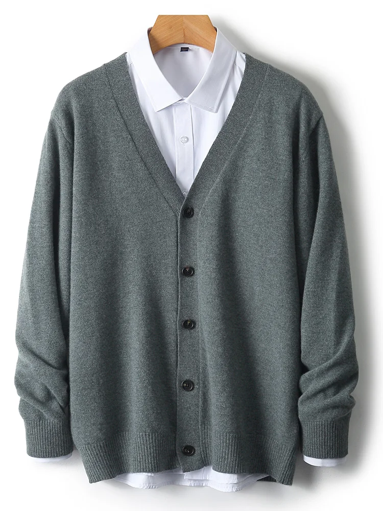Men's Autumn Winter 100% Merino Wool Knitted Sweater V-Neck Casual Loose Cardigan Warm Comfortable Solid Basic Clothing Tops