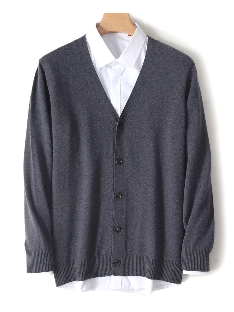 Men's Autumn Winter 100% Merino Wool Knitted Sweater V-Neck Casual Loose Cardigan Warm Comfortable Solid Basic Clothing Tops