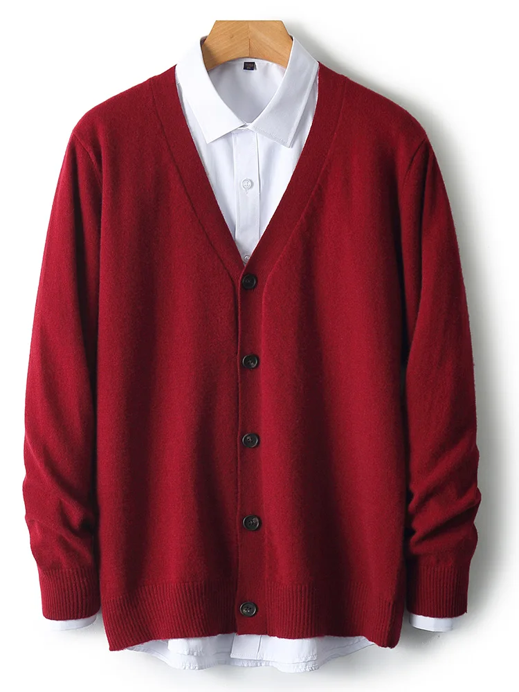 Men's Autumn Winter 100% Merino Wool Knitted Sweater V-Neck Casual Loose Cardigan Warm Comfortable Solid Basic Clothing Tops