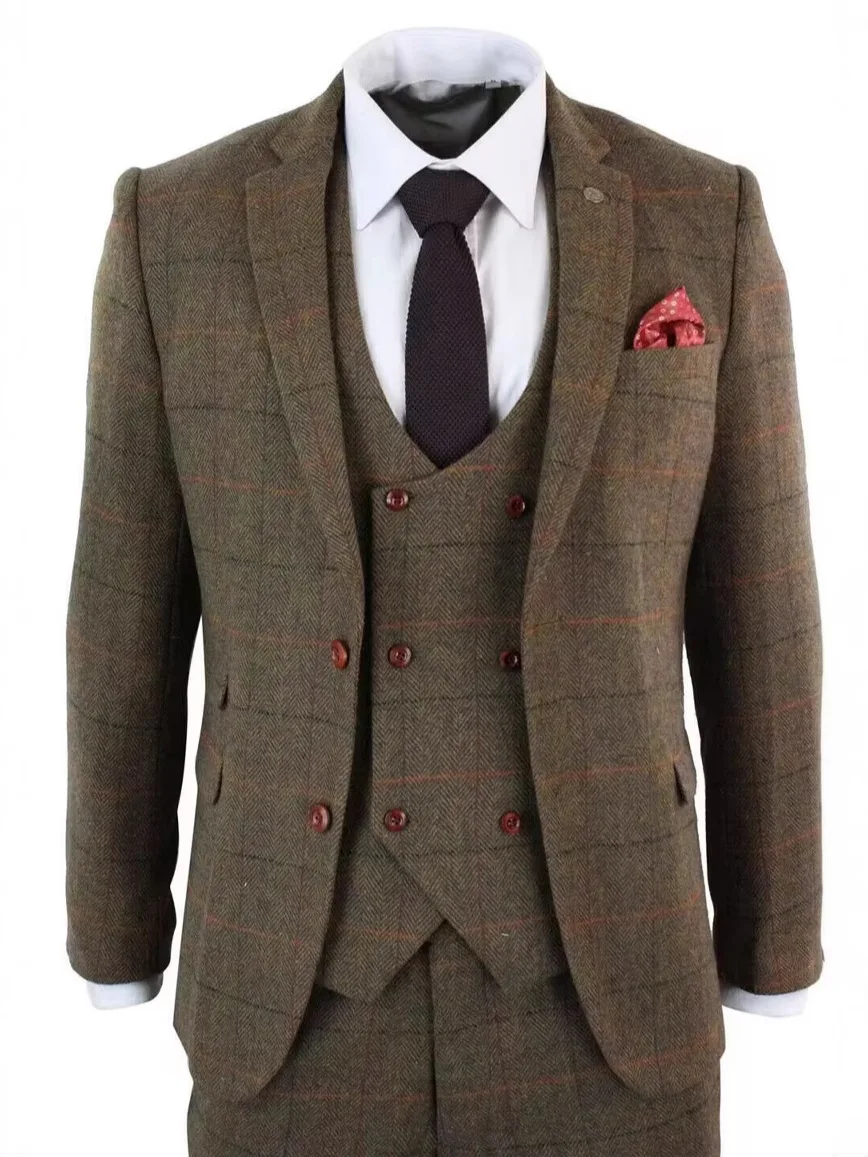 Elegant 3pcs Men's Brown Plaid Woolen Herringbone Tweed Wedding Office Tuxedo Formal Business Suits Set - Jacket Vest Pants