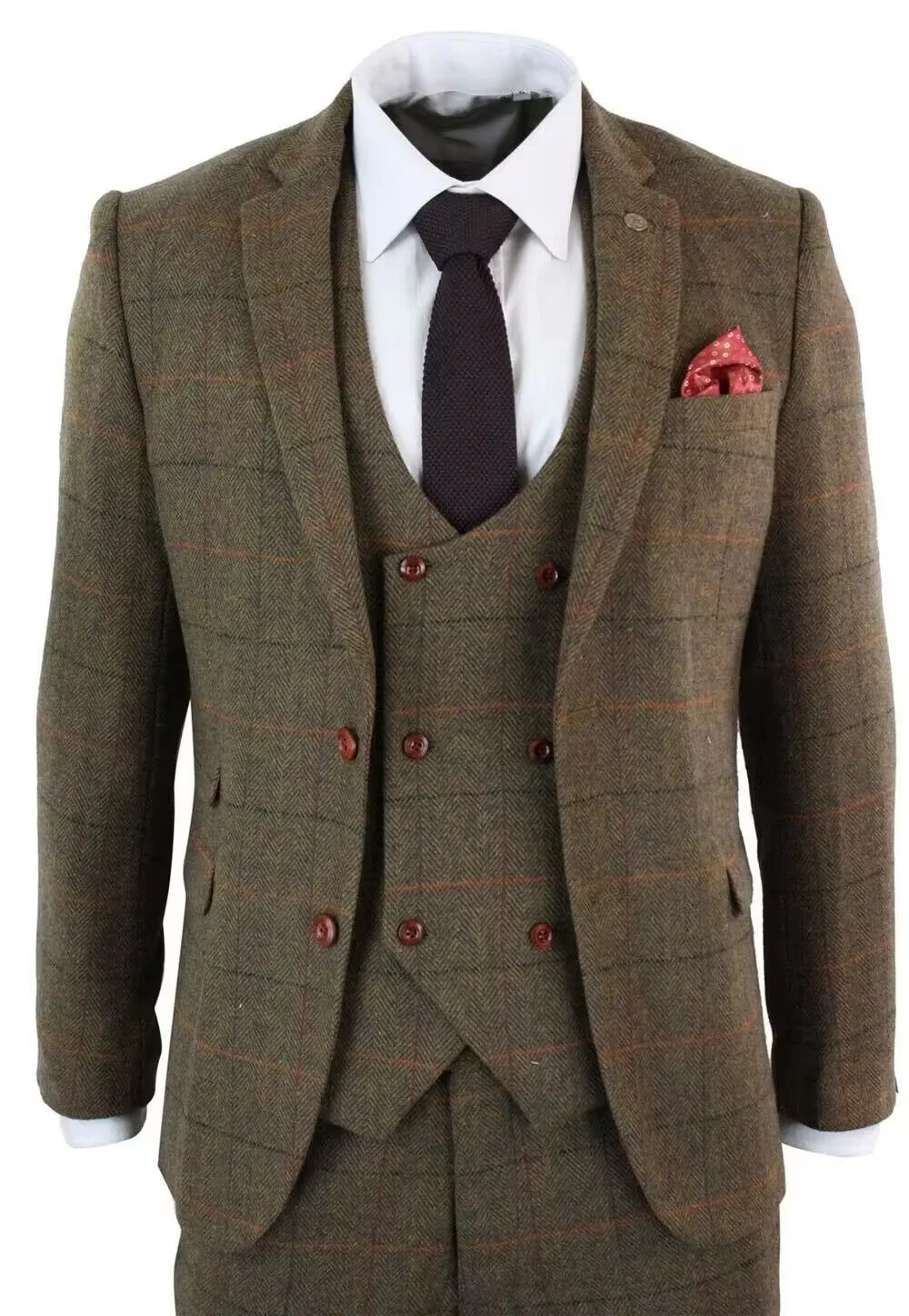 Elegant 3pcs Men's Brown Plaid Woolen Herringbone Tweed Wedding Office Tuxedo Formal Business Suits Set - Jacket Vest Pants
