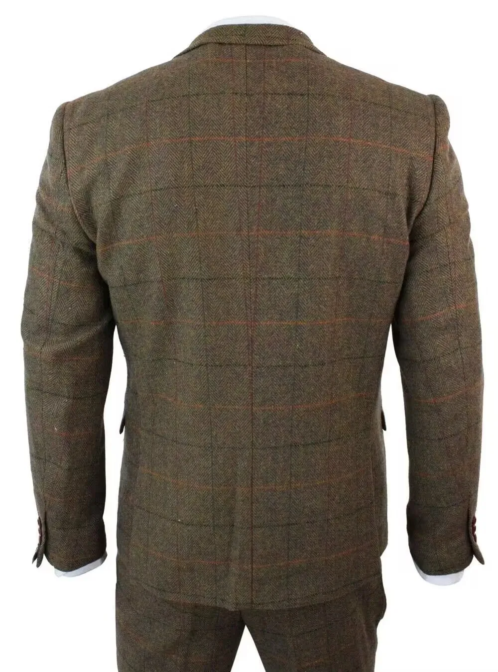 Elegant 3pcs Men's Brown Plaid Woolen Herringbone Tweed Wedding Office Tuxedo Formal Business Suits Set - Jacket Vest Pants