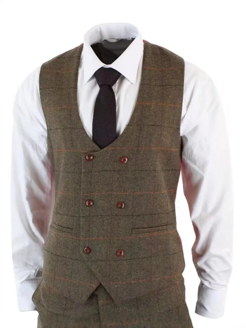 Elegant 3pcs Men's Brown Plaid Woolen Herringbone Tweed Wedding Office Tuxedo Formal Business Suits Set - Jacket Vest Pants