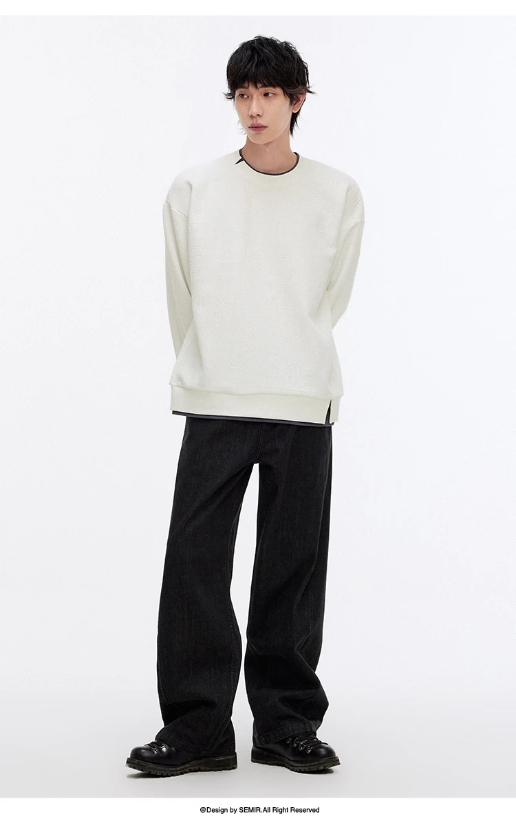 Semir Hoodie Men Color Block Fake Two Piece 2025 Autumn New Textured Letter Jacquard Casual Top