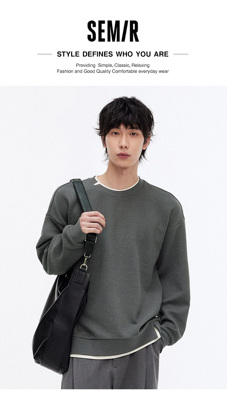 Semir Hoodie Men Color Block Fake Two Piece 2025 Autumn New Textured Letter Jacquard Casual Top