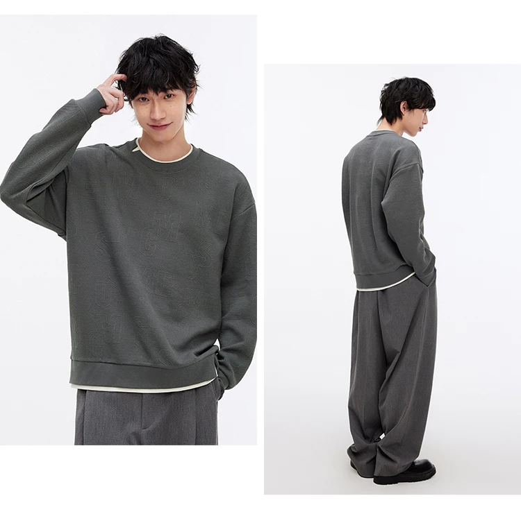 Semir Hoodie Men Color Block Fake Two Piece 2025 Autumn New Textured Letter Jacquard Casual Top