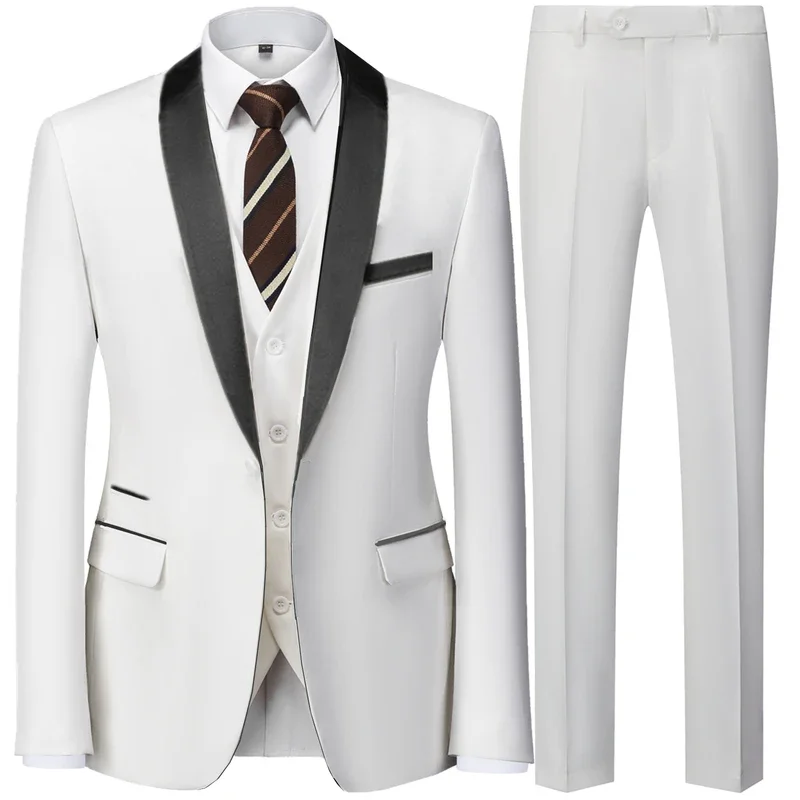 Black Men Autumn Wedding Party Three Pieces Set Large Size Male Blazer Coat Pants and Vest Fashion Slim Fit Suit