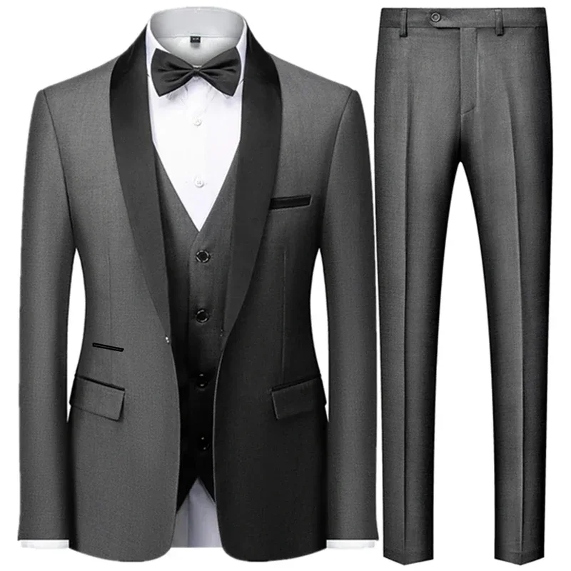 Black Men Autumn Wedding Party Three Pieces Set Large Size Male Blazer Coat Pants and Vest Fashion Slim Fit Suit