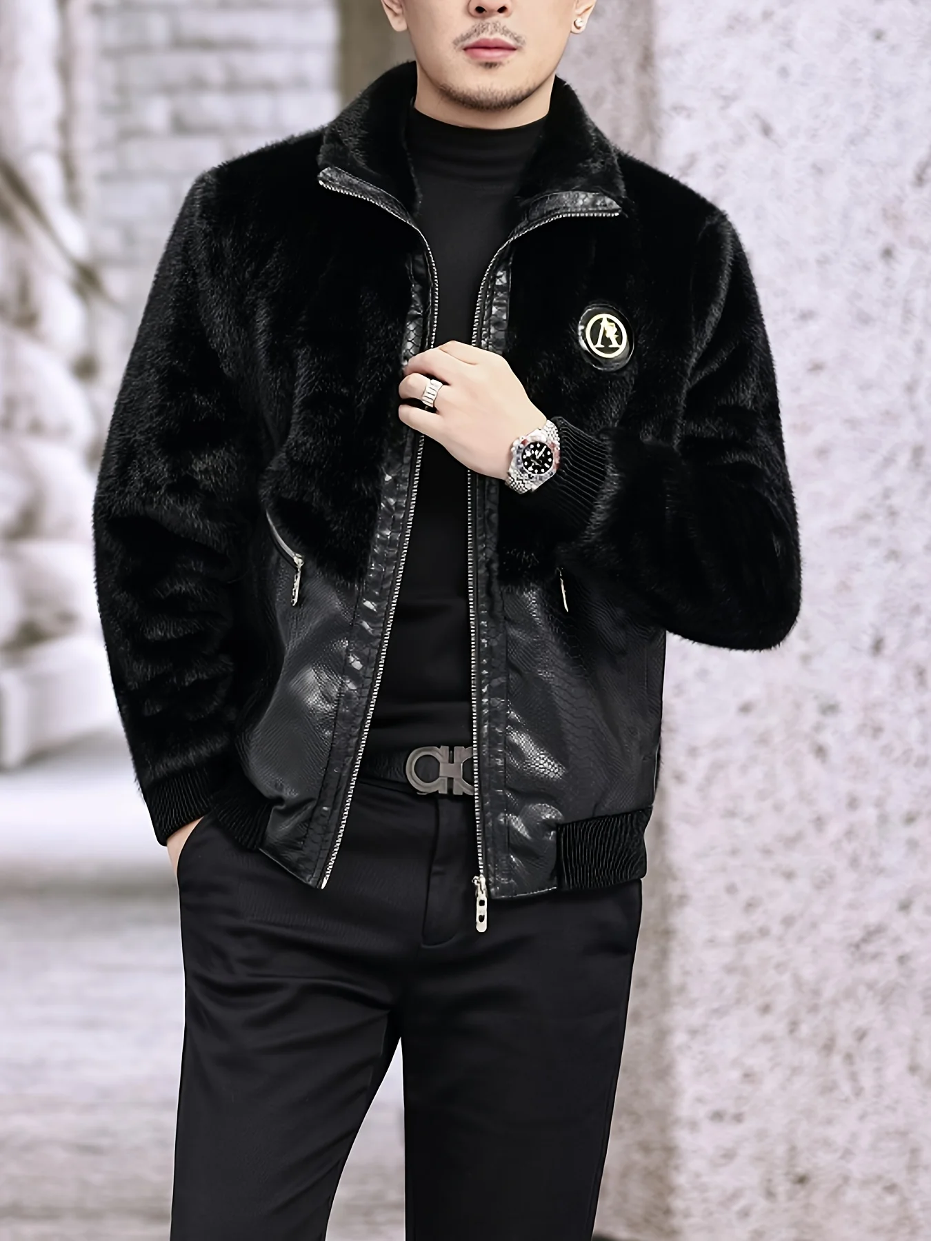Winter Stand-Up Collar Men's Fashionable Casual Warm Faux Mink Fur Spliced Pu Leather Jacket