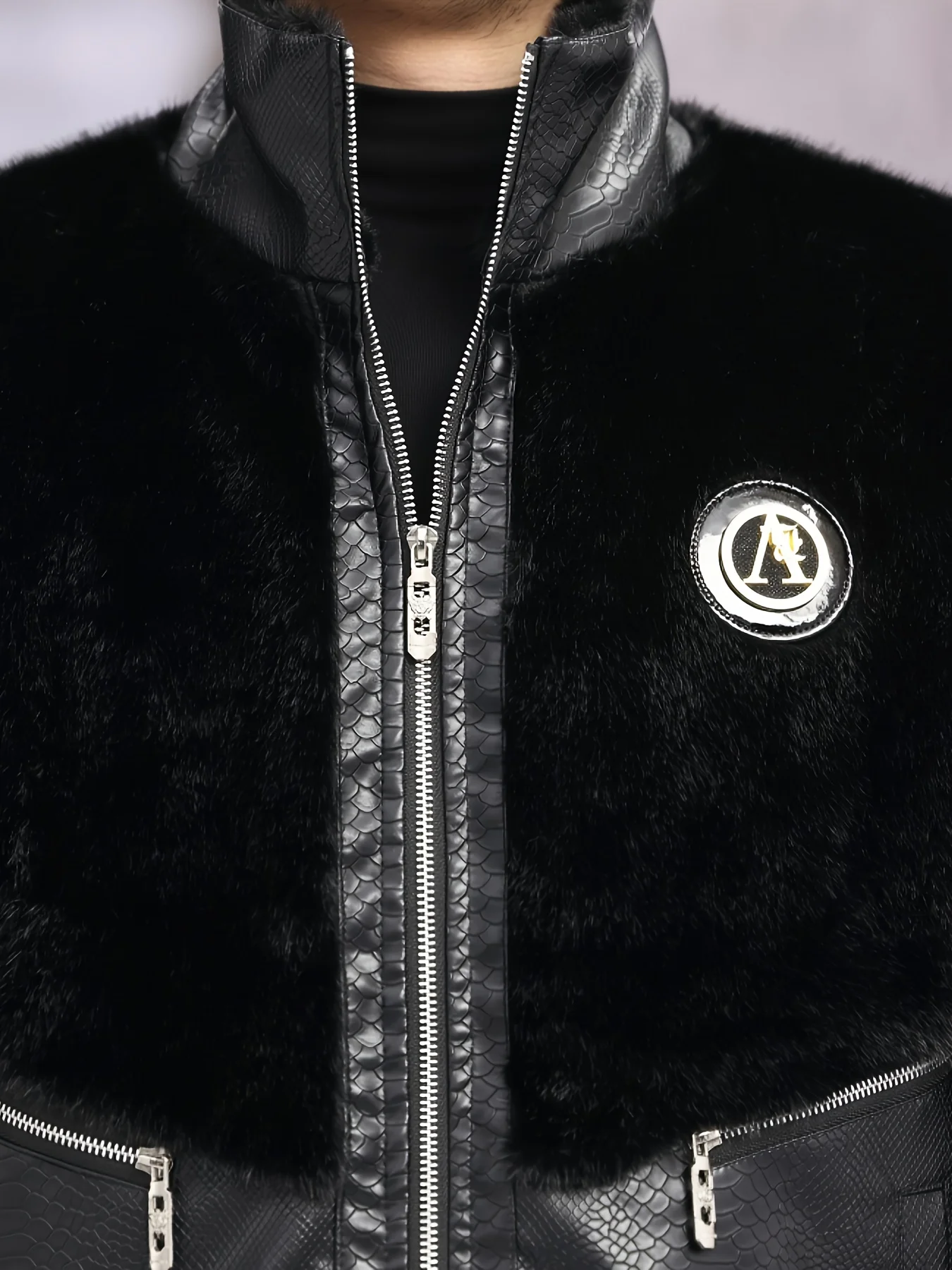 Winter Stand-Up Collar Men's Fashionable Casual Warm Faux Mink Fur Spliced Pu Leather Jacket