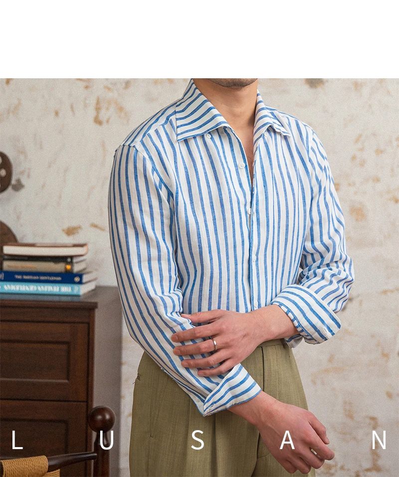 Summer 100 Linen One-piece Collar Striped Long-sleeved Shirt Lightweight Breathable Outdoor Shirt for Men