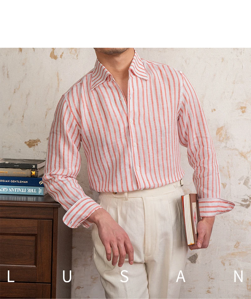 Summer 100 Linen One-piece Collar Striped Long-sleeved Shirt Lightweight Breathable Outdoor Shirt for Men