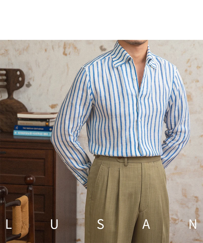 Summer 100 Linen One-piece Collar Striped Long-sleeved Shirt Lightweight Breathable Outdoor Shirt for Men