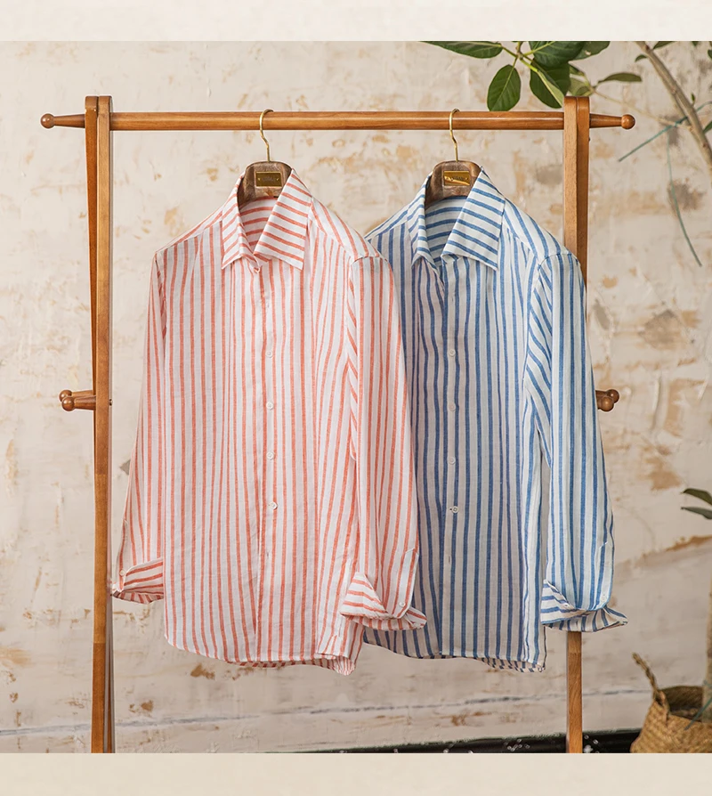 Summer 100 Linen One-piece Collar Striped Long-sleeved Shirt Lightweight Breathable Outdoor Shirt for Men