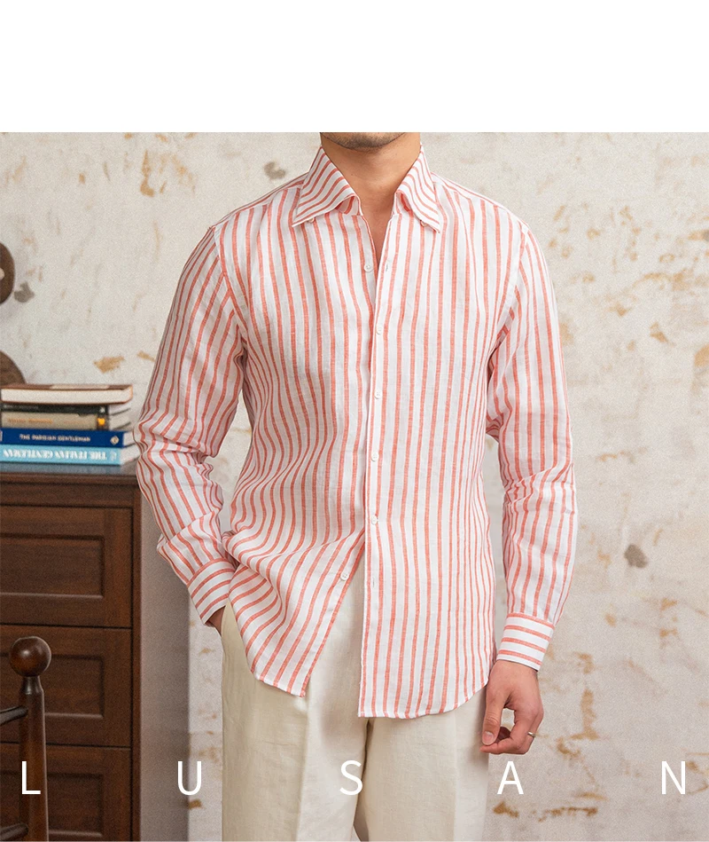 Summer 100 Linen One-piece Collar Striped Long-sleeved Shirt Lightweight Breathable Outdoor Shirt for Men