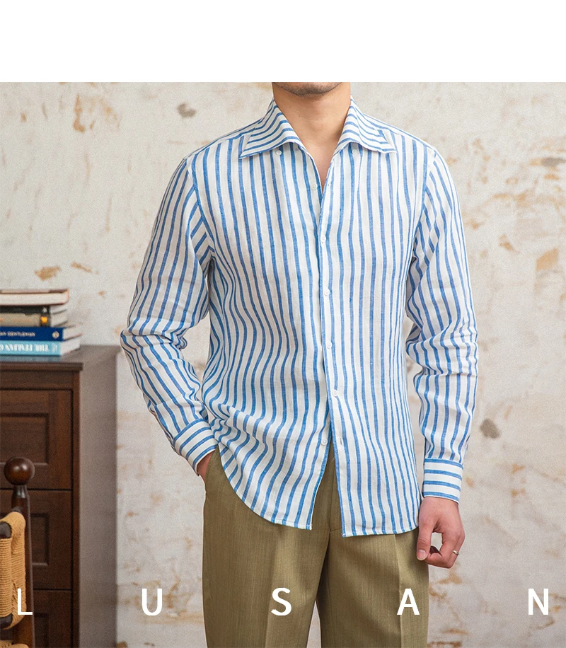 Summer 100 Linen One-piece Collar Striped Long-sleeved Shirt Lightweight Breathable Outdoor Shirt for Men