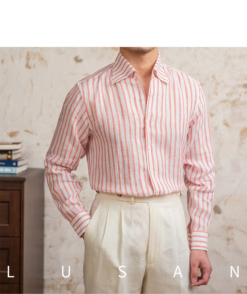 Summer 100 Linen One-piece Collar Striped Long-sleeved Shirt Lightweight Breathable Outdoor Shirt for Men
