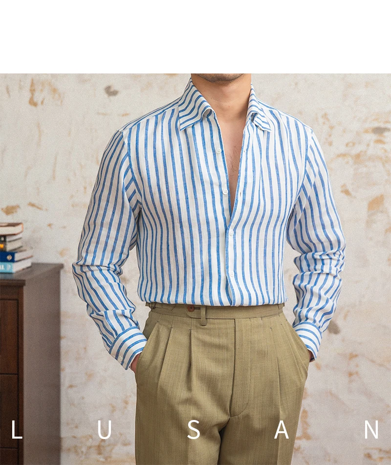 Summer 100 Linen One-piece Collar Striped Long-sleeved Shirt Lightweight Breathable Outdoor Shirt for Men