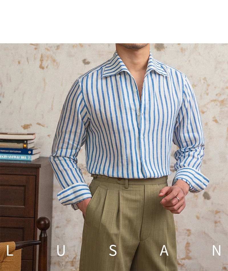 Summer 100 Linen One-piece Collar Striped Long-sleeved Shirt Lightweight Breathable Outdoor Shirt for Men