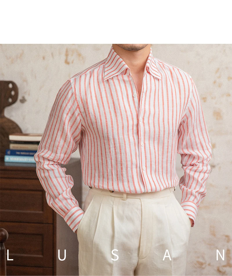 Summer 100 Linen One-piece Collar Striped Long-sleeved Shirt Lightweight Breathable Outdoor Shirt for Men