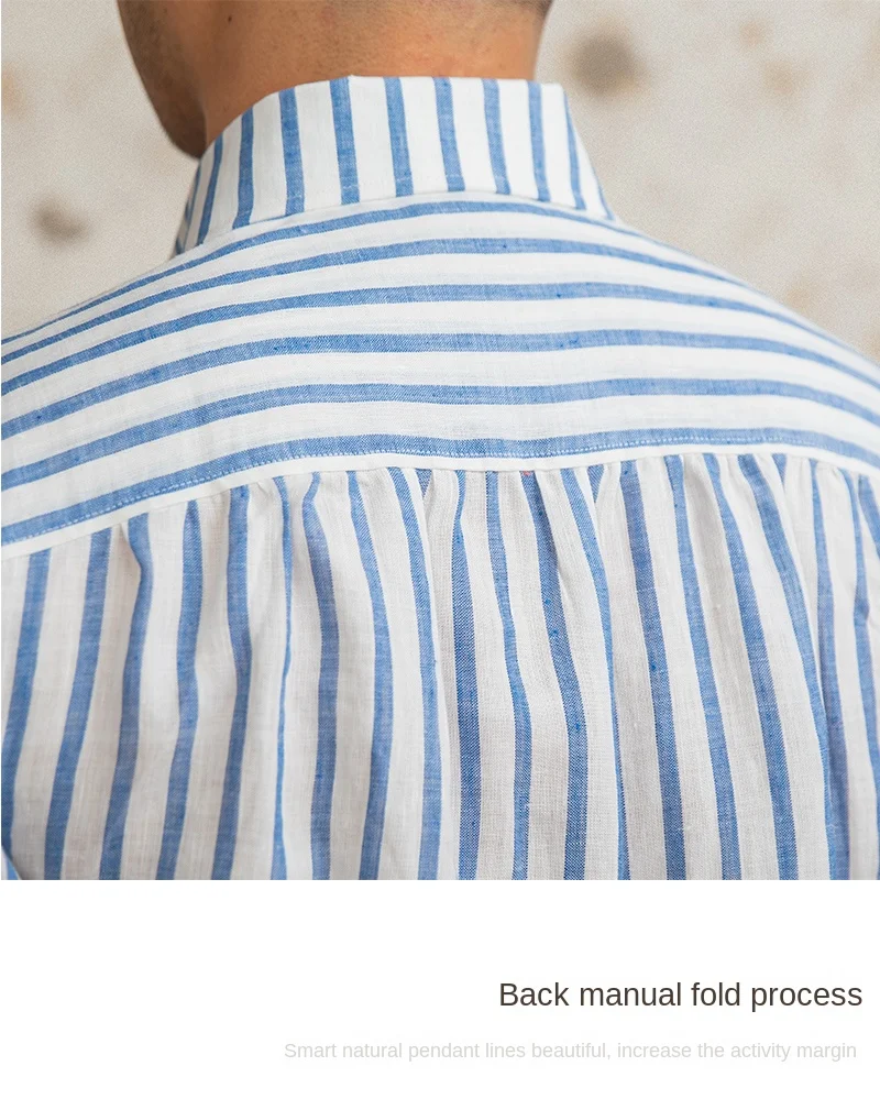 Summer 100 Linen One-piece Collar Striped Long-sleeved Shirt Lightweight Breathable Outdoor Shirt for Men