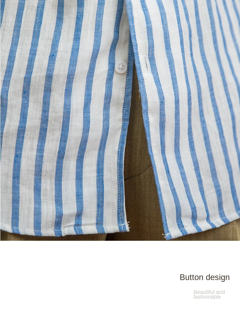 Summer 100 Linen One-piece Collar Striped Long-sleeved Shirt Lightweight Breathable Outdoor Shirt for Men