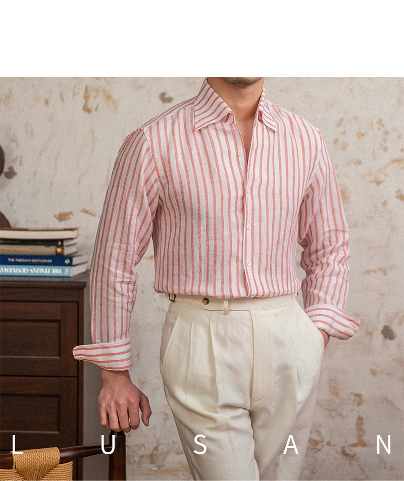 Summer 100 Linen One-piece Collar Striped Long-sleeved Shirt Lightweight Breathable Outdoor Shirt for Men