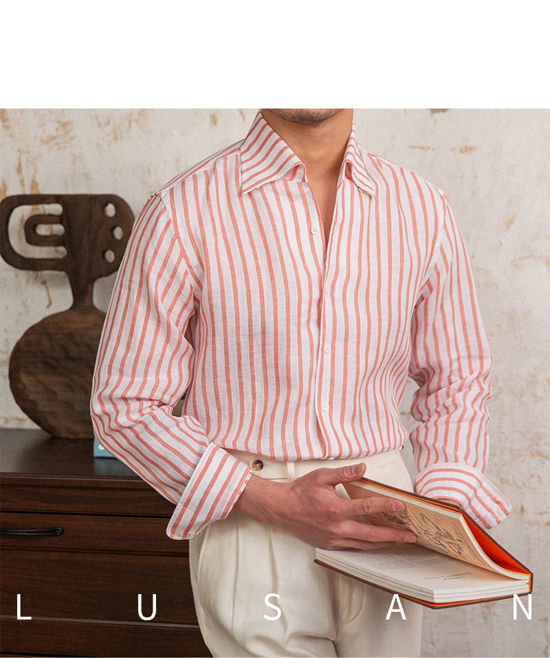 Summer 100 Linen One-piece Collar Striped Long-sleeved Shirt Lightweight Breathable Outdoor Shirt for Men
