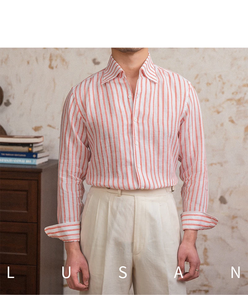 Summer 100 Linen One-piece Collar Striped Long-sleeved Shirt Lightweight Breathable Outdoor Shirt for Men